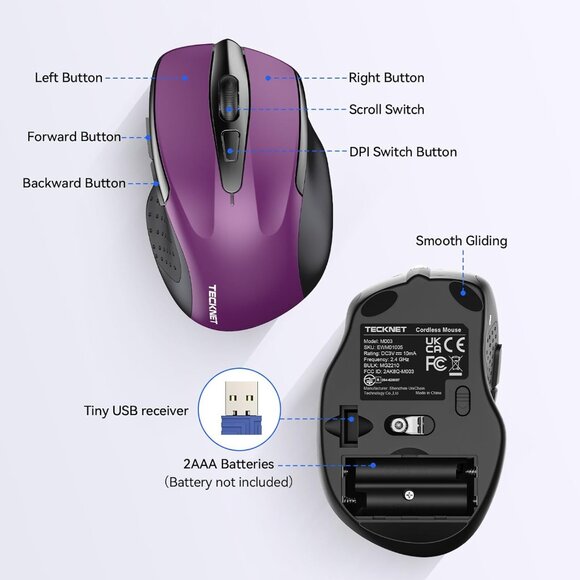 TECKNET Wireless Computer Mouse 2.4G Ergonomic Optical Purple 2600 DPI NIB - Picture 7 of 8